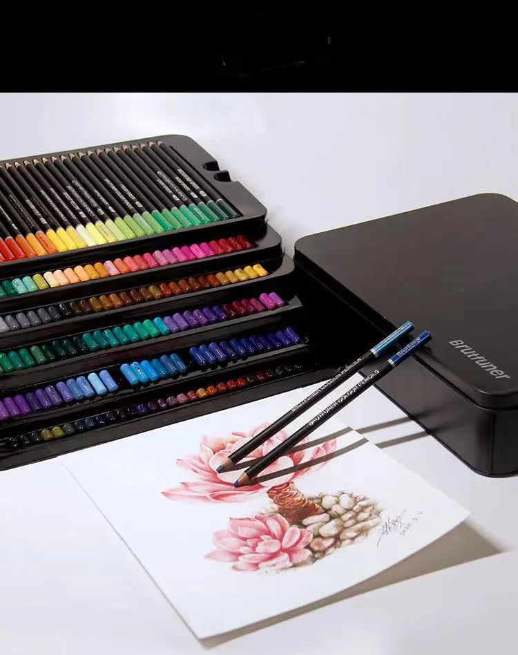 180 oily colour pencils in rainbow colours presented in a metal tin box with wooden barrels