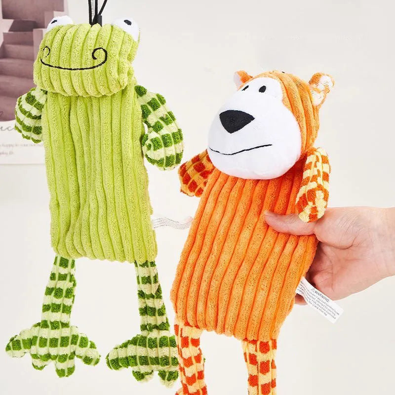 Green and orange immortal squeaker plush dog toy for aggressive chewers with double-layer construction
