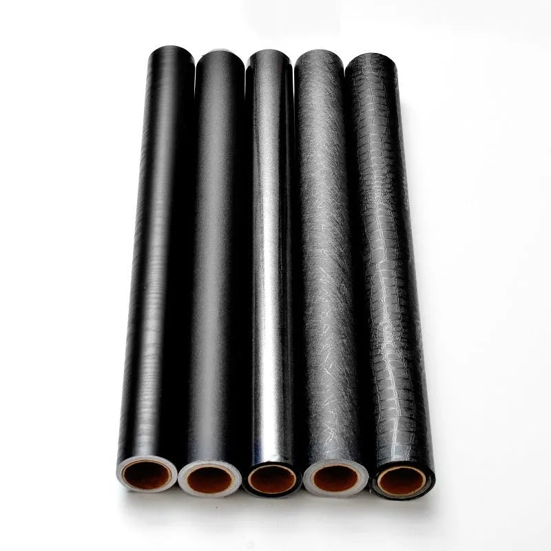 Self-adhesive black wallpaper roll, 40cm wide PVC, pure black wood grain, waterproof furniture renovation sticker