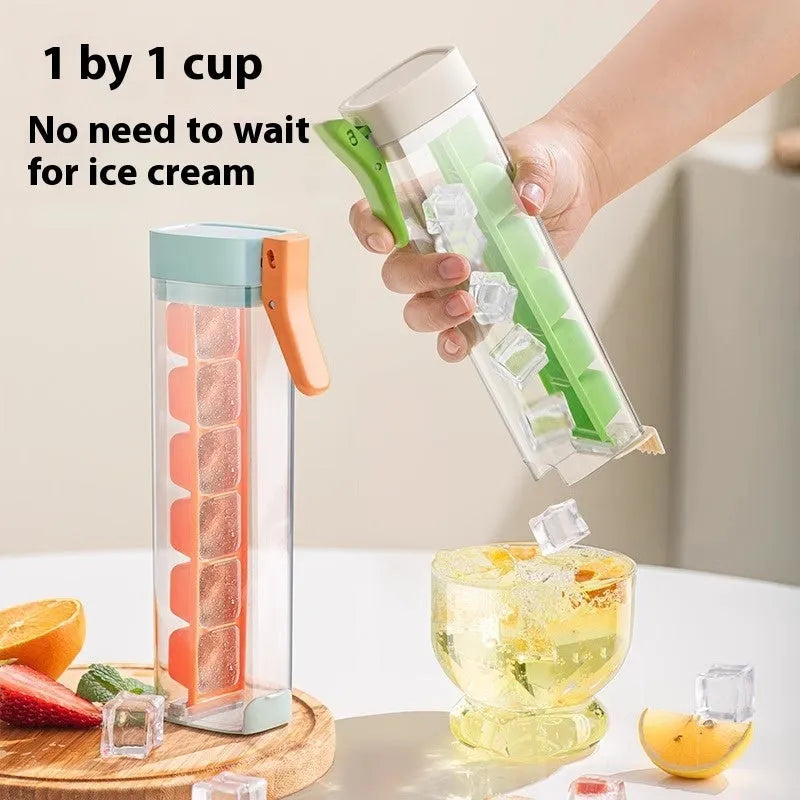 Ice cube tray with one-press release mechanism and storage box in food-grade PET plastic
