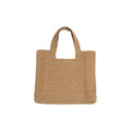 Khaki coloured woven straw tote bag with double straps showing open top and horizontal square shape.