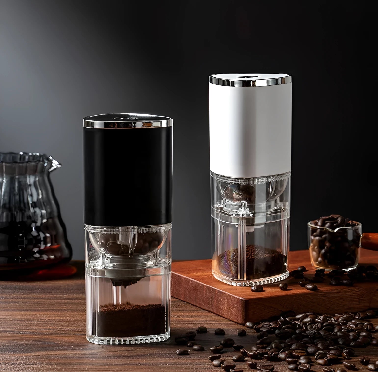 Portable white electric coffee grinder with USB charging cable and ground coffee