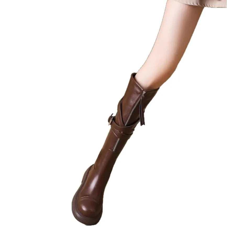 Brown women's riding boots with front zipper, mid heel, round toe, and non-slip rubber sole