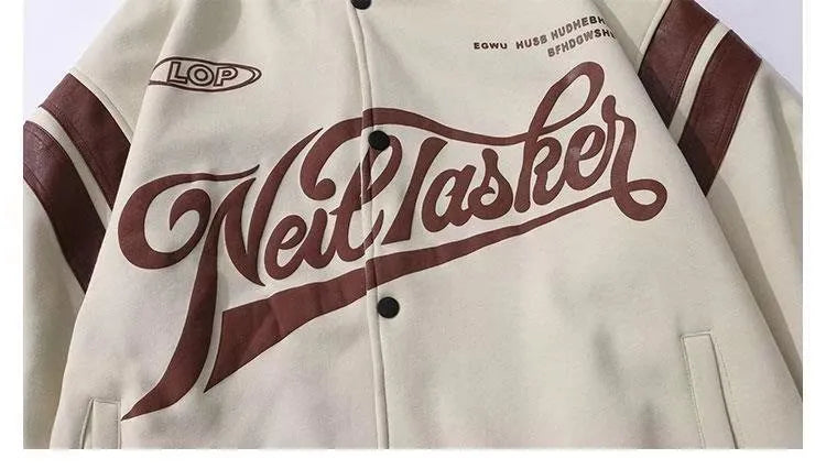 Loose unisex baseball jacket with stand-up collar in colour matching design, available in Black Khaki Lake blue