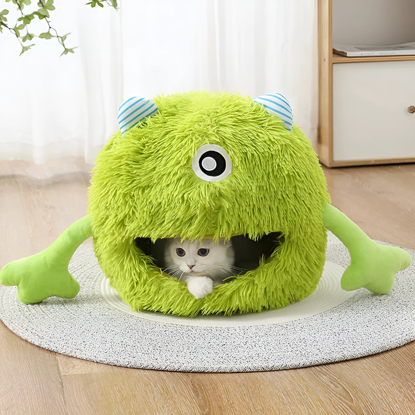 Round soft plush cat bed with a non-slip base, shown in three size options.