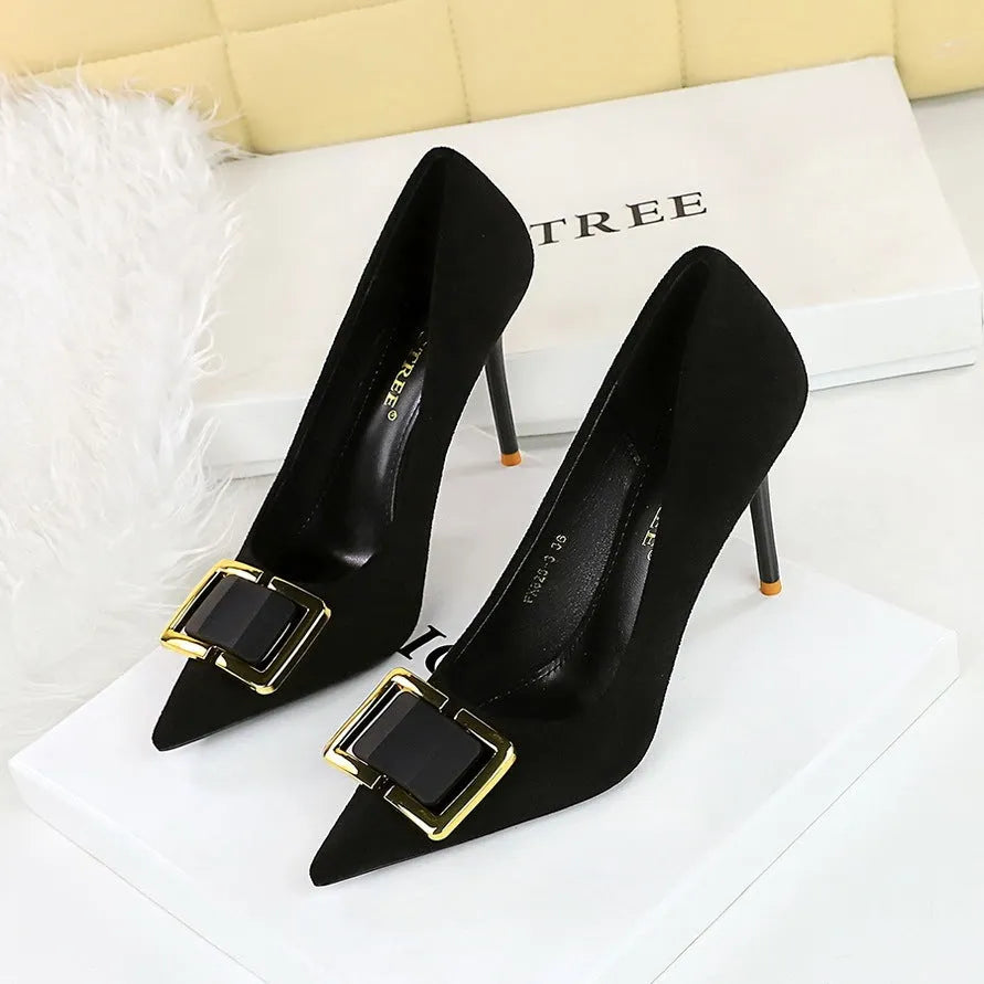 Black suede women's stiletto high heel shoes with a 9cm heel and pointed toe