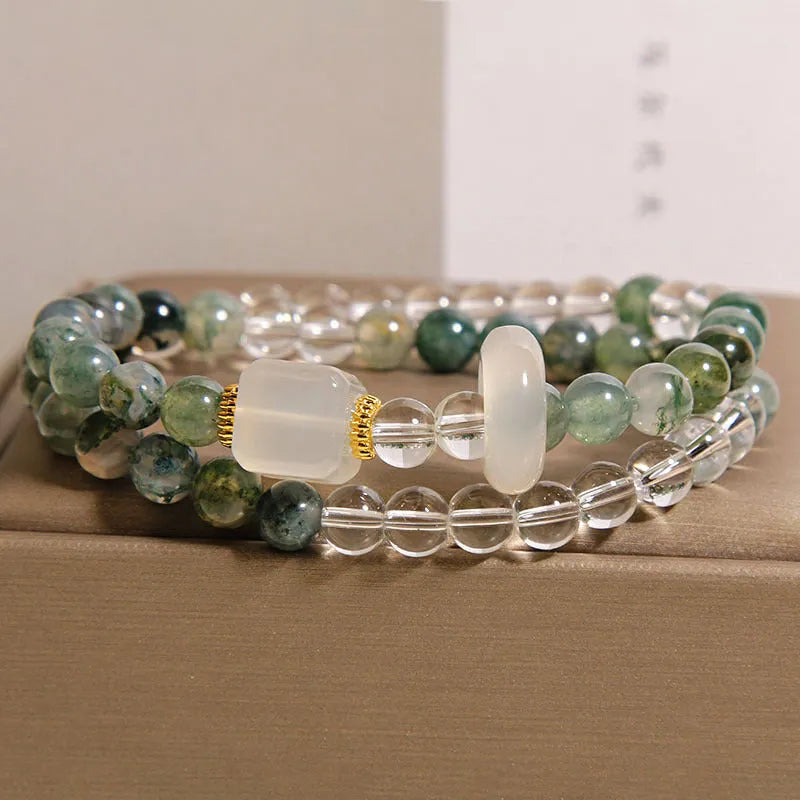 Green grass agate crystal bracelet with white agate cube sugar beads on a flexible ring