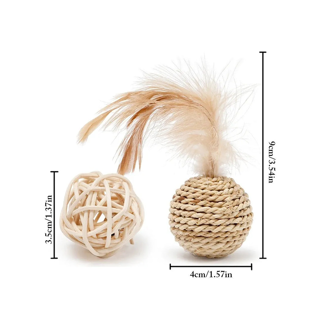 Two cat toys: hollow rattan ball and faux feather ball with bell for interactive pet play