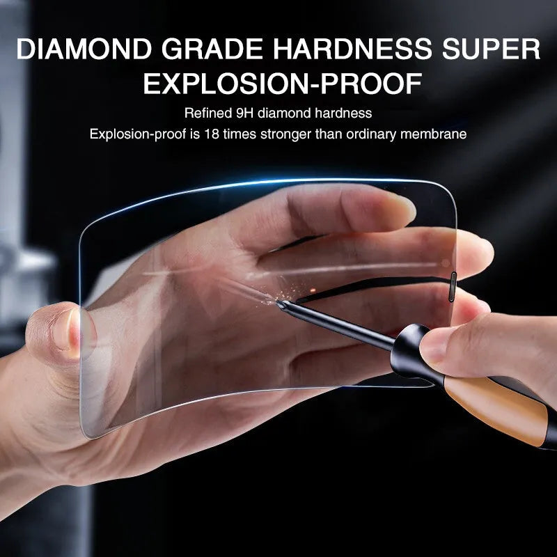 Anti-peeping tempered glass screen protector for iPhone shown with privacy angle effect.