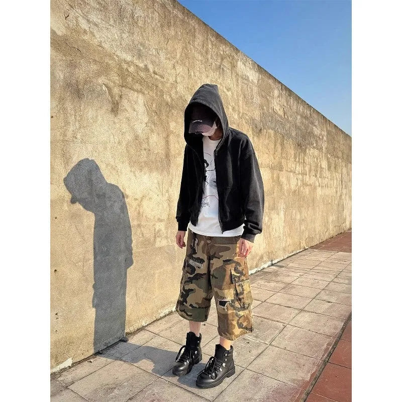 Men's camouflage cotton cropped jeans with distressed patches and straight leg