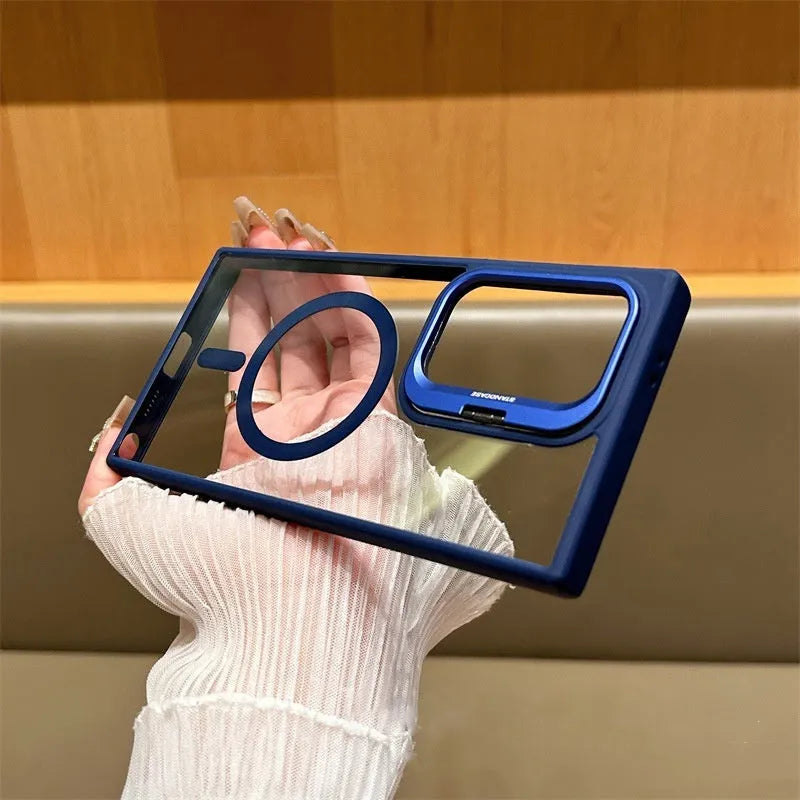 Transparent acrylic phone case for Samsung Galaxy with magnetic suction and invisible bracket, shown in black.