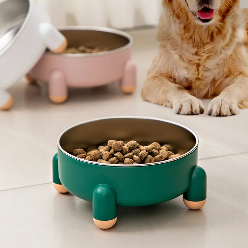 Stainless steel pet bowl with non-slip base and high foot in pink, green, or white colour.