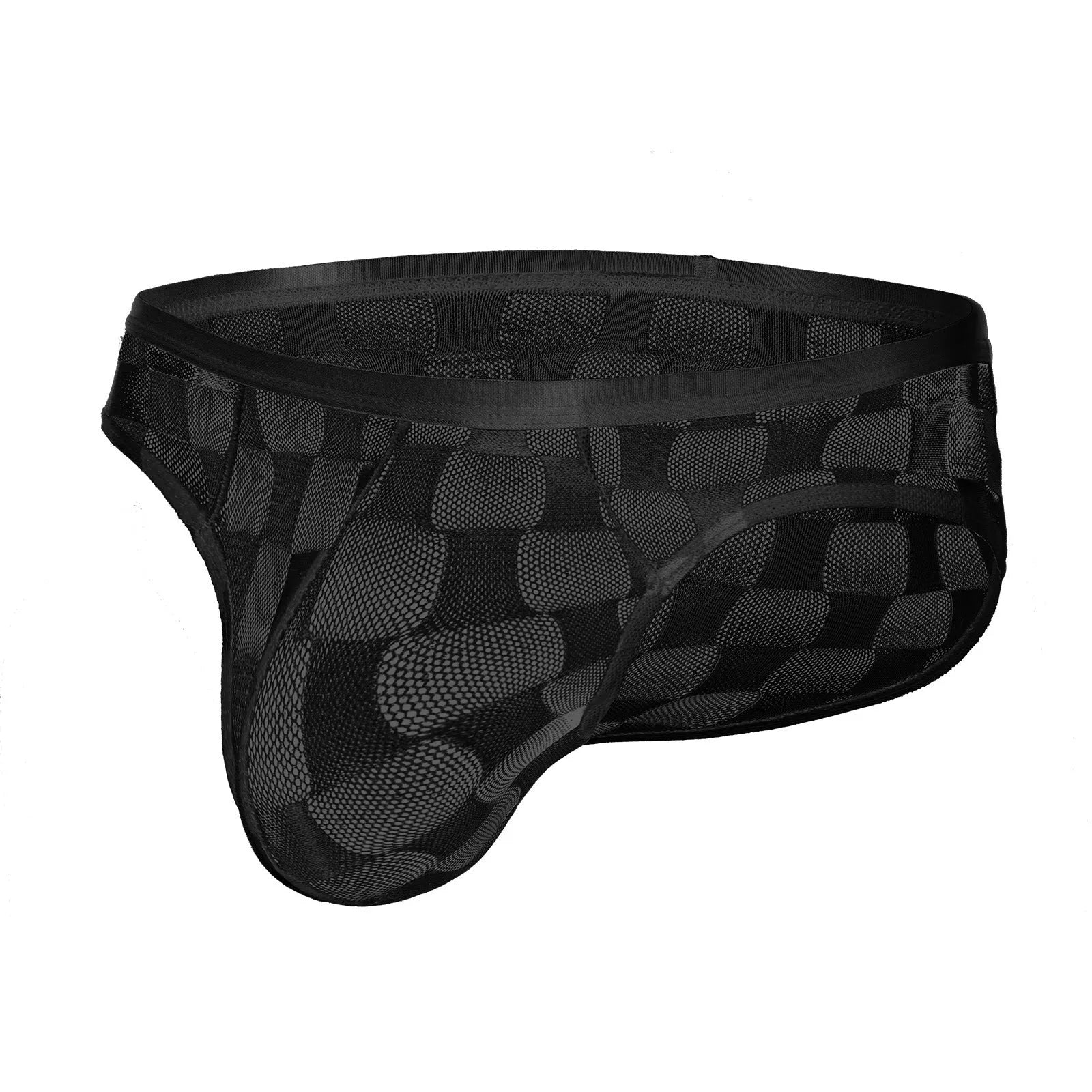 Men's black and white plaid mesh briefs with U-convex design on a flat lay