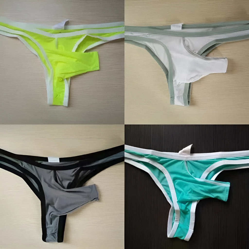 Men's Ice Silk fabric briefs in multiple colours including Army Green and Sky Blue.