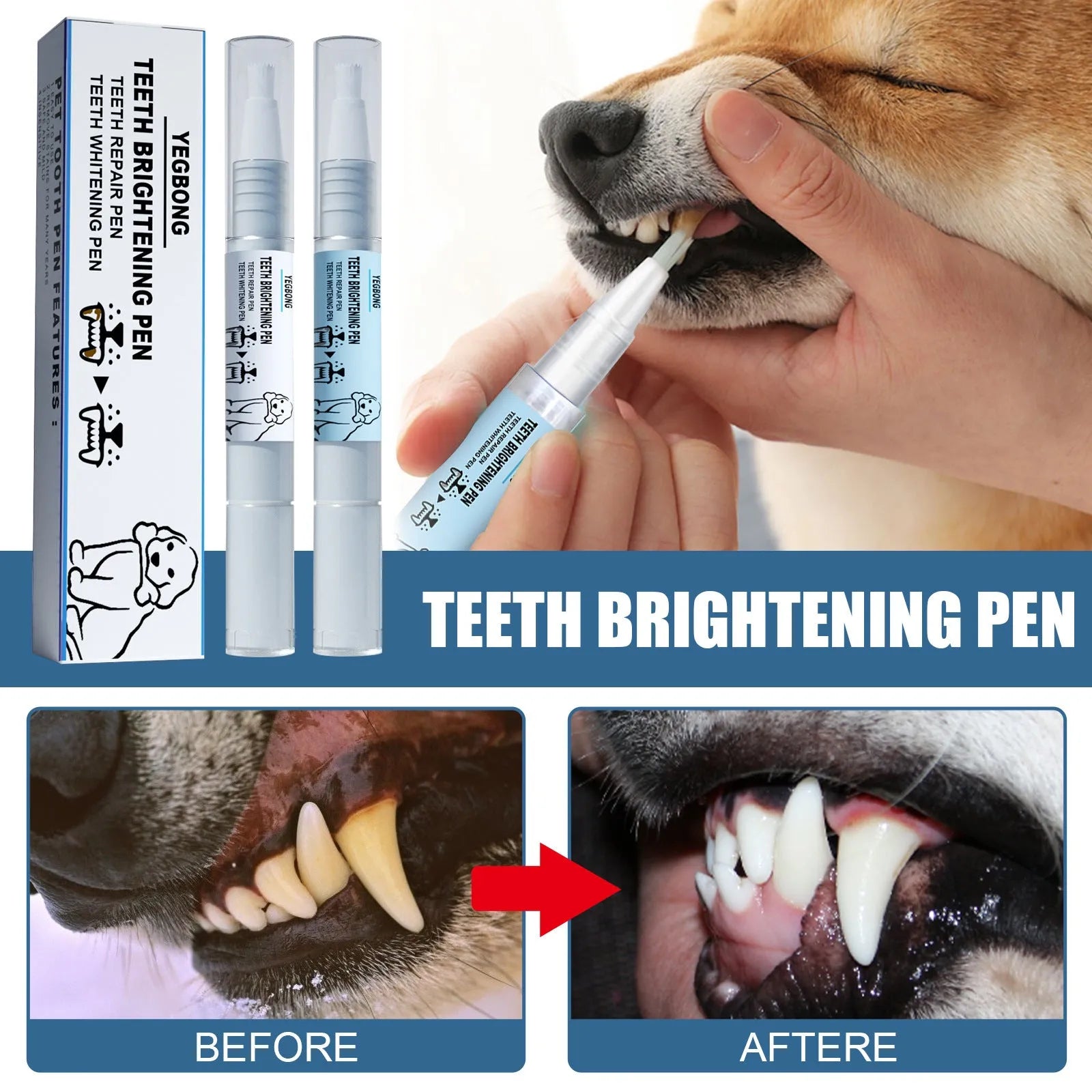Yegbong pet teeth whitening and tartar removal pen set with two dental brushes for dogs and cats.