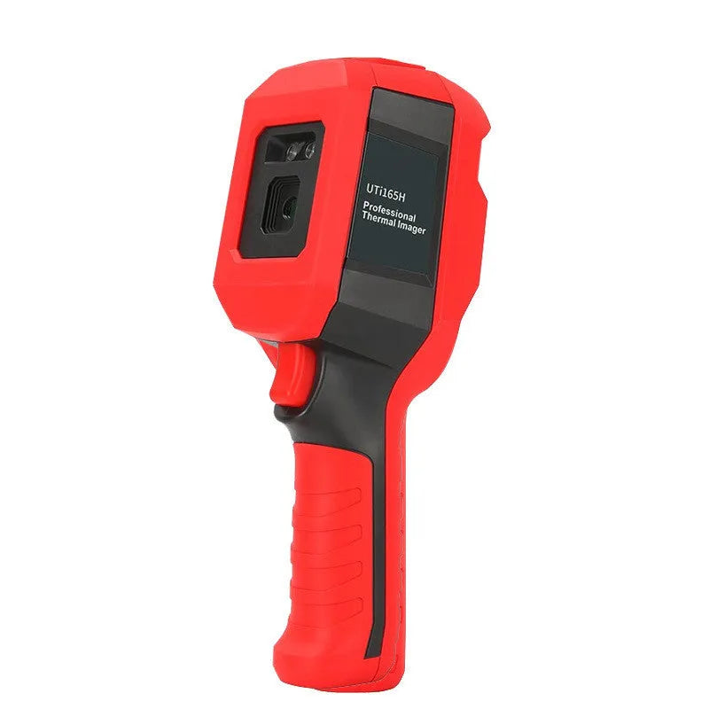 UTi series handheld infrared thermal imager on a table with USB cable and storage card.