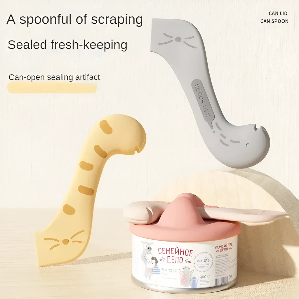 Silicone pet food can sealing lid and multifunctional spoon set in grey pink yellow colours