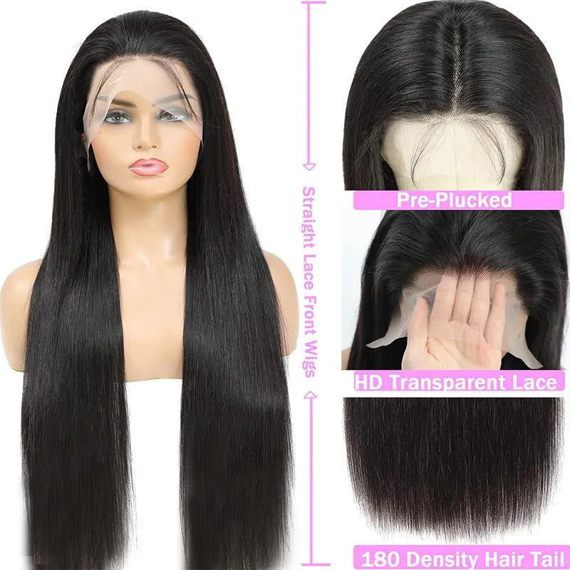 Black straight 13x6 lace front human hair wig showing natural hairline and length options