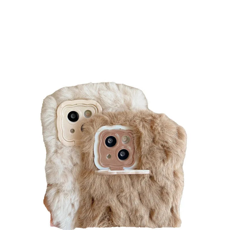 Plush flannel phone case with brown hollow bracket and chain lanyard for Huawei and iPhone