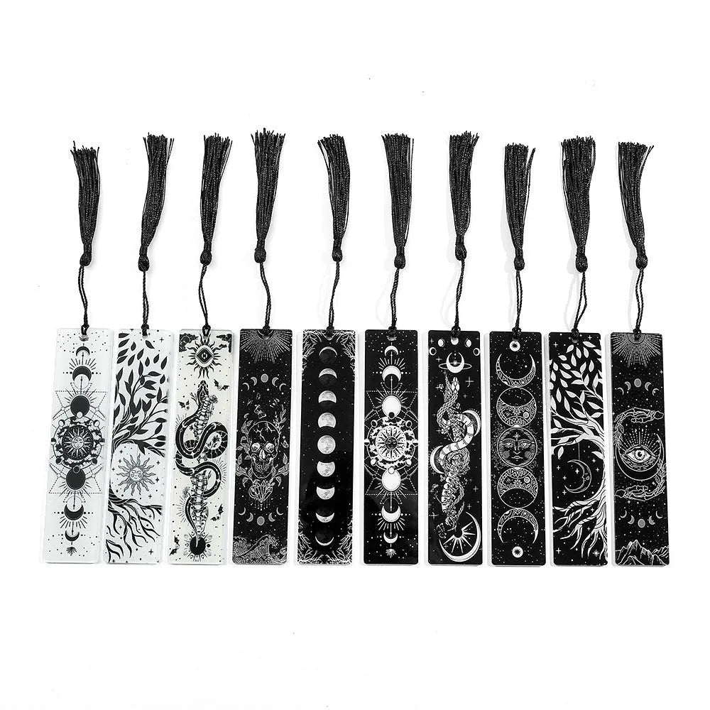 Acrylic tassel bookmark with creative skull pattern for reading decoration, available in ten colour options.