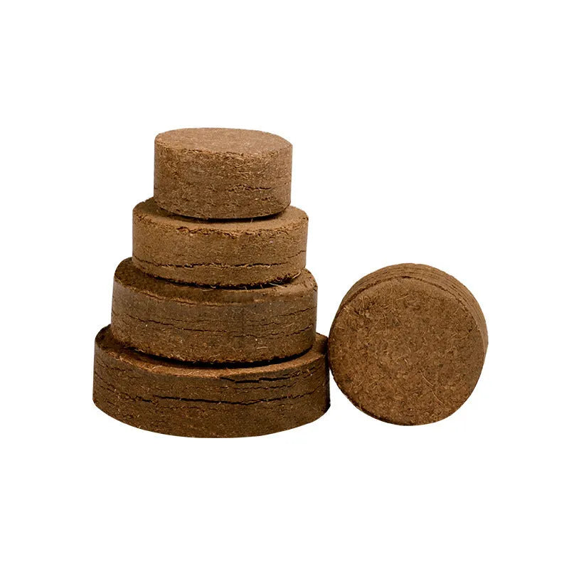 Compressed nutrient soil blocks for vegetable planting and seedling growth in various sizes.
