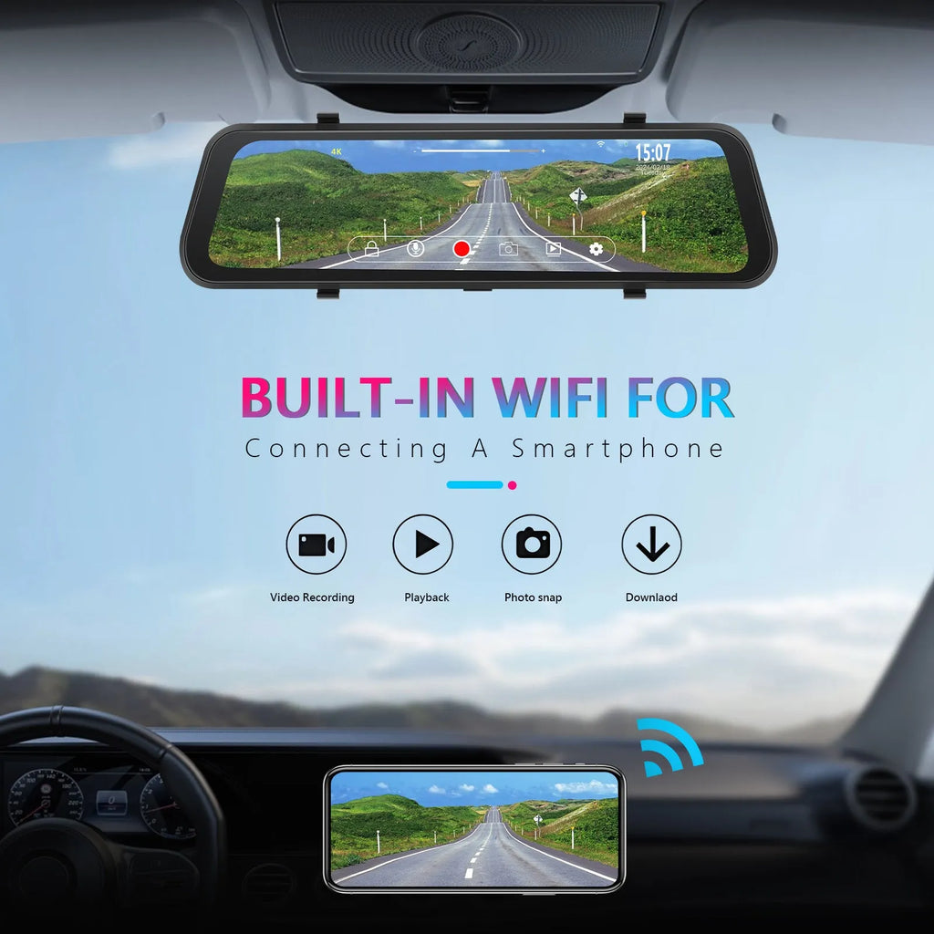 9.66 inch streaming media rearview mirror with touch screen displayed in a car, showing dual camera split-screen view.