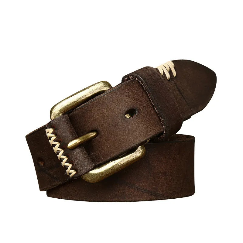 Handmade retro genuine cow leather belt with copper buckle in brown colour