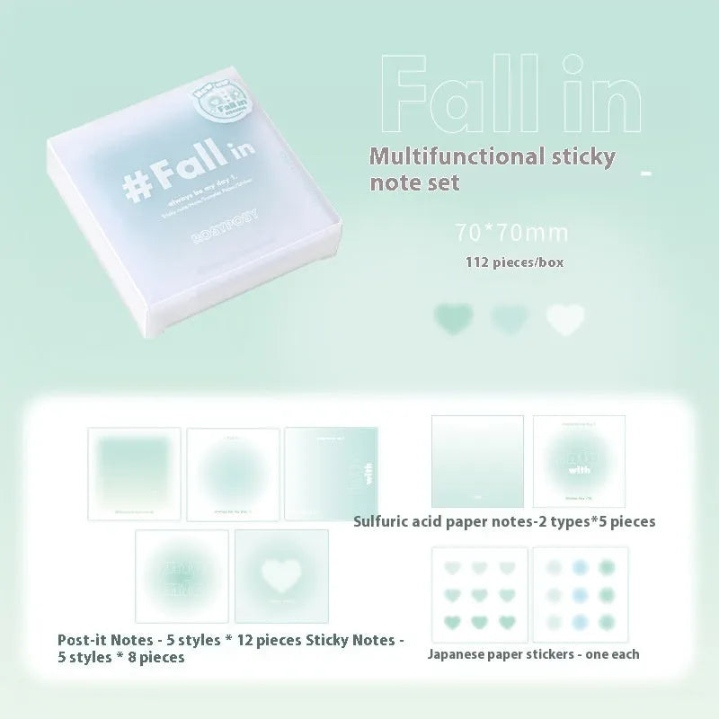 70x70mm multifunctional notepad set with blush, green, purple and blue colour options showing sticky notes, plain notes and parchment paper