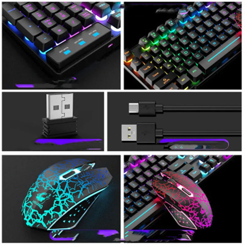 T3 wireless charging keyboard and mouse set in black with orange backlighting on desk