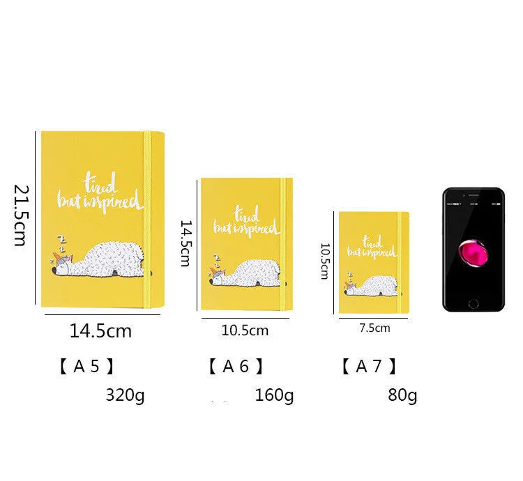 Cartoon alpaca design notepad showing cover, available in A5, A6, and A7 sizes with yellow paper pages.