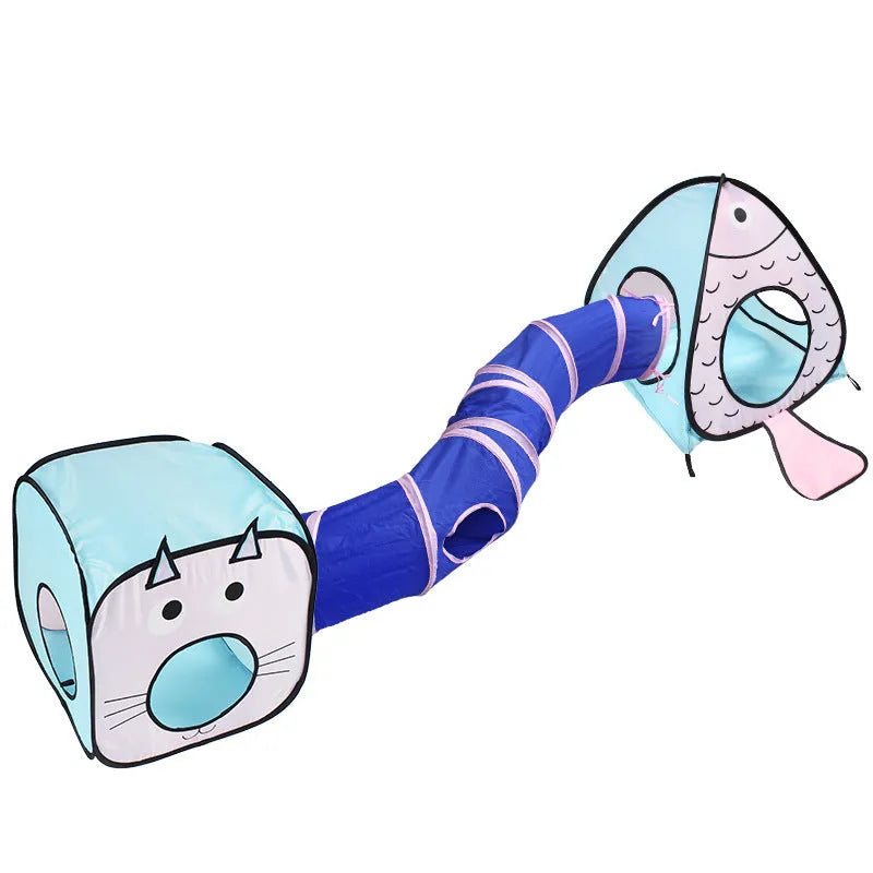 Foldable blue cat tent and tunnel pet play set with cat and fish pattern.