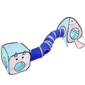Foldable blue cat tent and tunnel pet play set with cat and fish pattern.