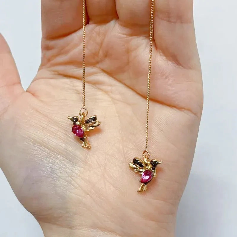 Bird hanging personalised long earrings with zirconium wings in blue, red or red lvzuan colours