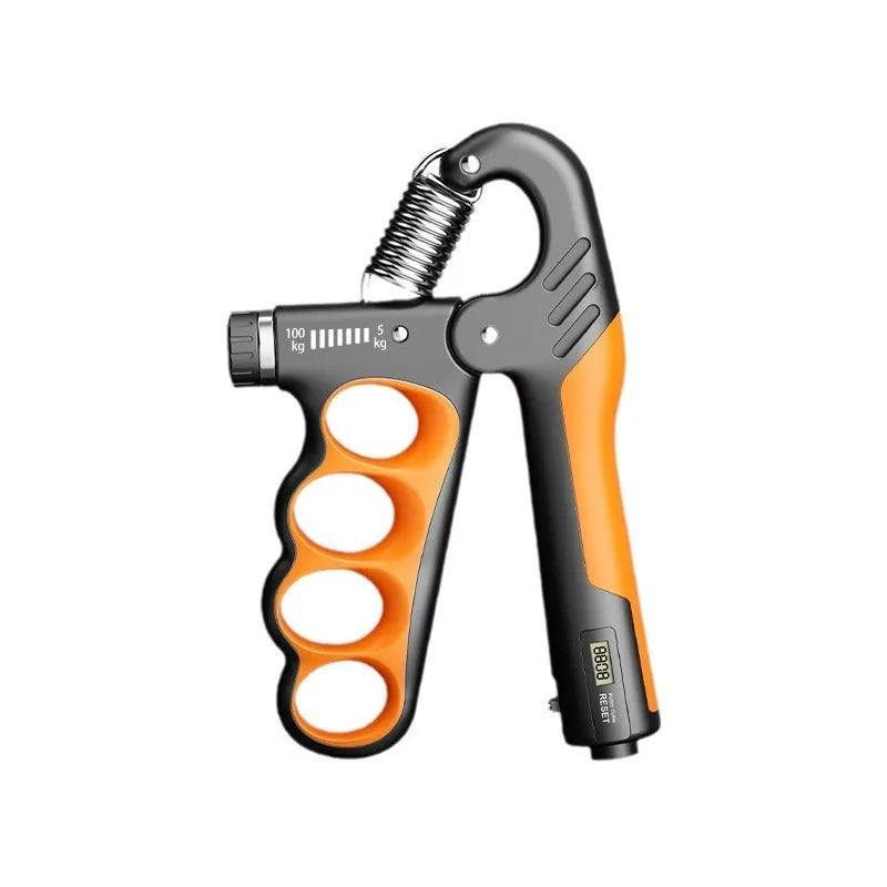 Adjustable spring grip trainer with electronic counter display in orange, red, or grey colour.