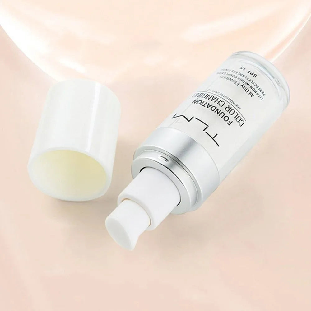 Colour changing liquid foundation bottle with SPF 50 and shade-sensing beads, 11.9x3.9cm size.