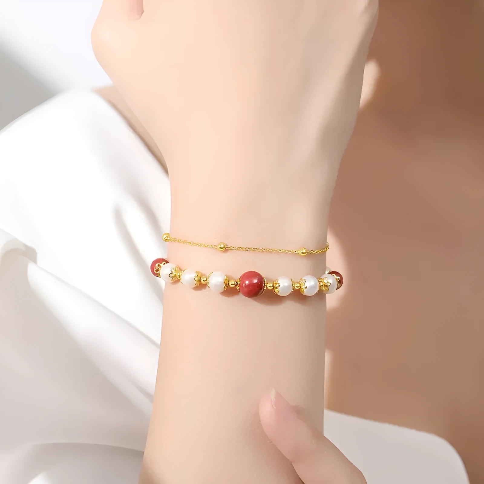 Sterling silver double-layer bracelet with freshwater pearl geometric beans in cinnabar red and white moonlight colours