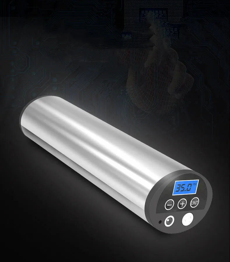 Digital display inflatable pump cylinder with stainless steel finish and hose attached