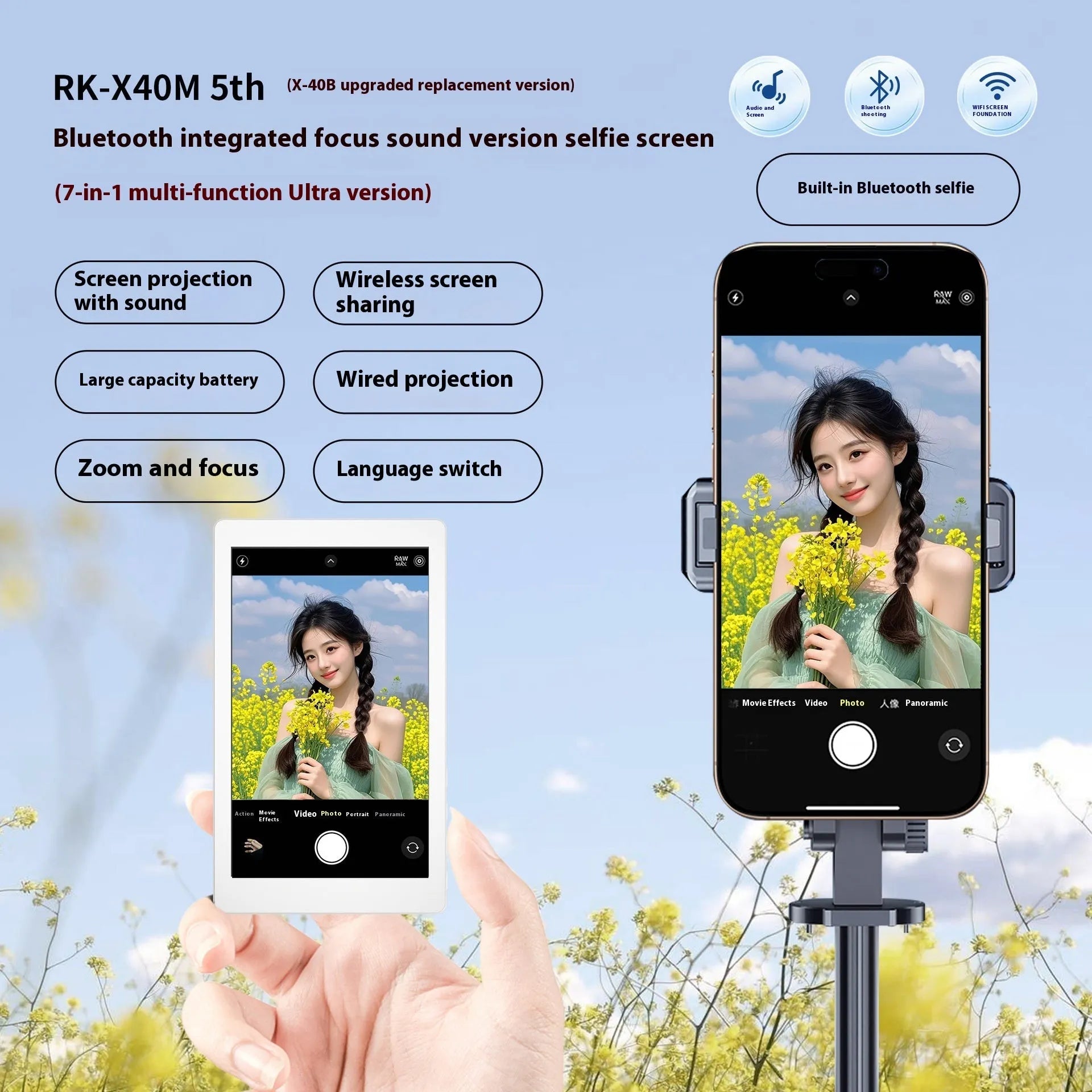 Black magnetic mobile phone screen projector showing rear view with USB port and display.
