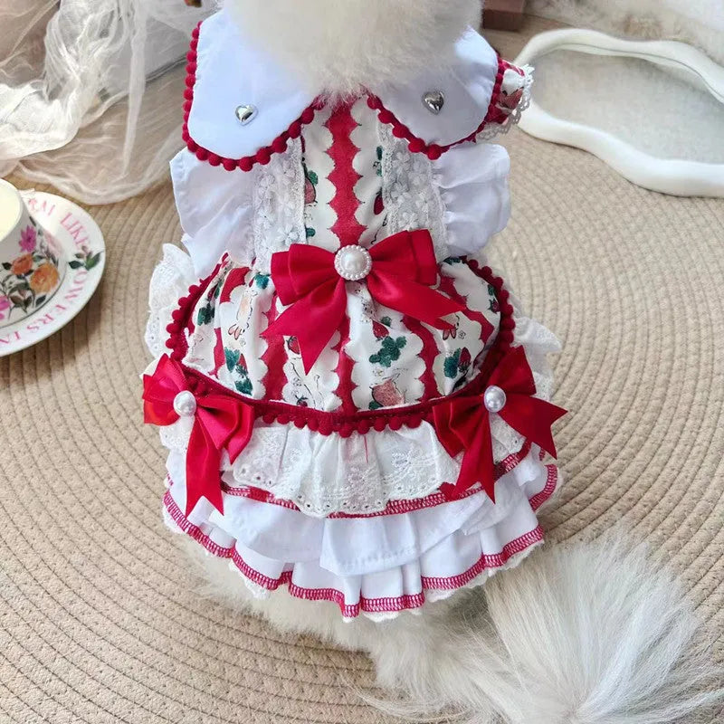 Polyester dog clothing in a rabbit skirt princess style, shown in multiple sizes for small pets.