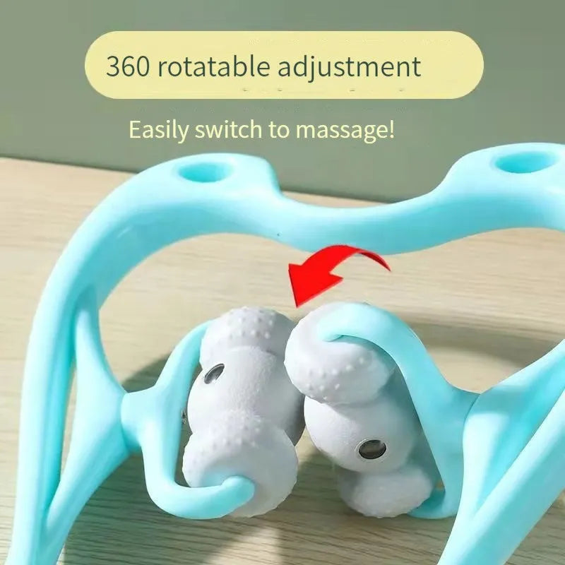 Blue handheld neck and shoulder massager with pressure nodes showing 360-degree rotation.