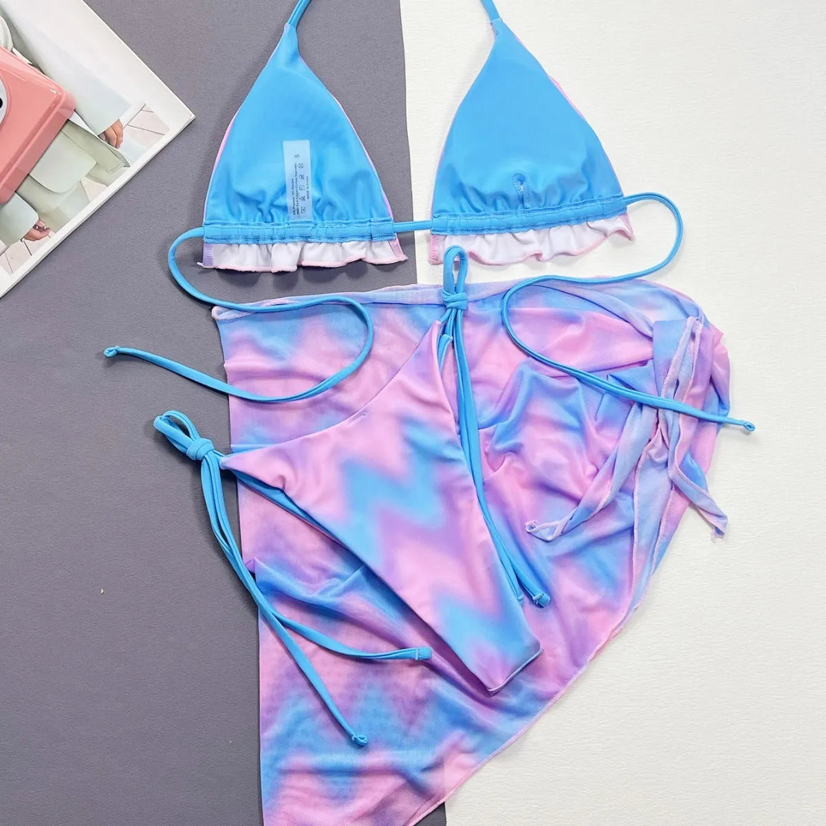 Women's tie-dye bikini swimsuit with removable skirt in pictured colour, showing complete set with bra, panties, and skirt