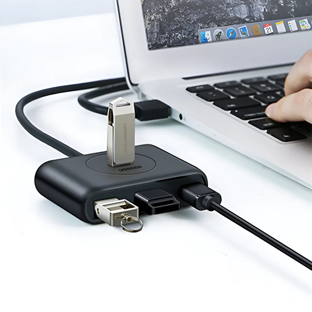 USB hub splitter 4-port ABS plastic Deep Black with indicator lights and Micro USB power port