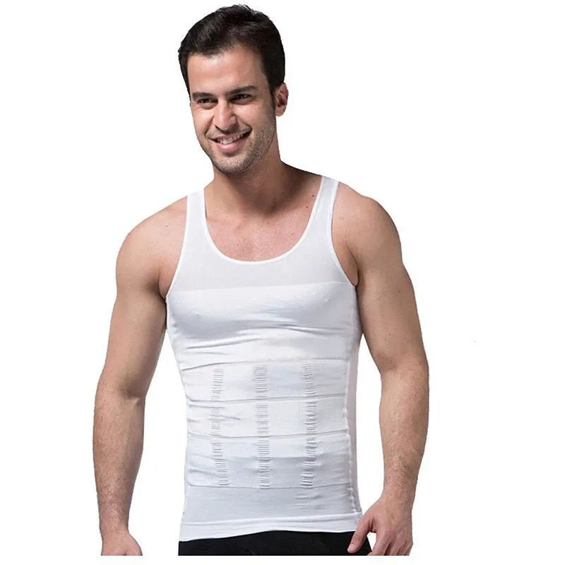 Men's tight-waist body shaper tank top in cotton blend, black or white, sizes S to XXL
