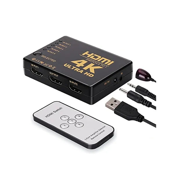 Black 5 in 1 out HDMI switcher with remote control and infrared cable