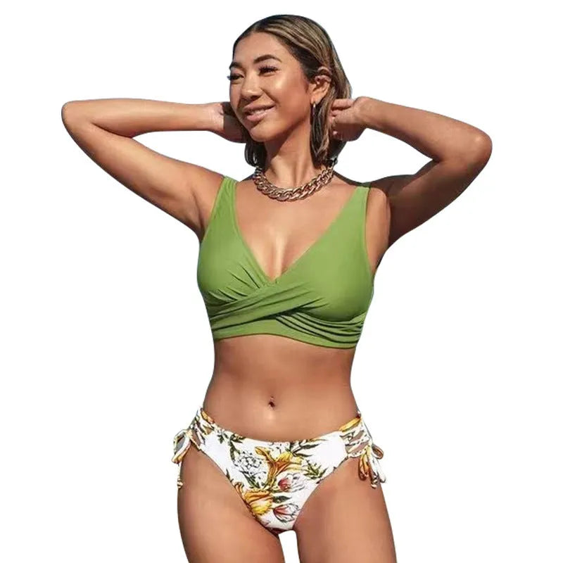 Yellow green women's halter neck bikini with split briefs on a mannequin, showing front and back details.