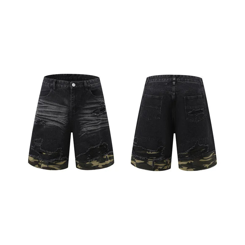 Leopard print denim short sleeve shirt and shorts set with cut edge stitching detail in black colour option