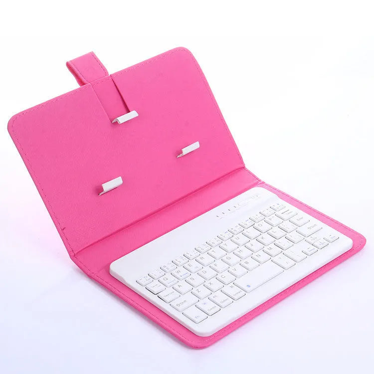 Black Bluetooth keyboard inside a leather holster case for mobile phones, shown with phone stand function engaged.