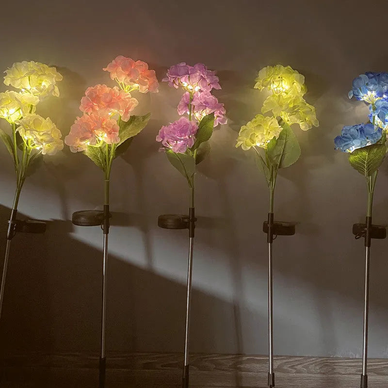 Solar hydrangea garden light in chosen colour with rubber construction and floor outlet design