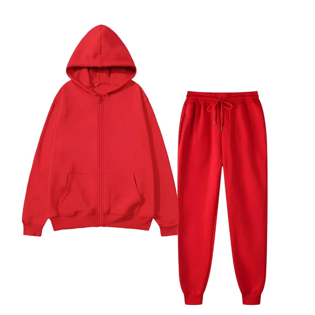 Men's sports fleece suit with long-sleeve jacket and trousers in solid colour polyester blend, sizes S to XXXL