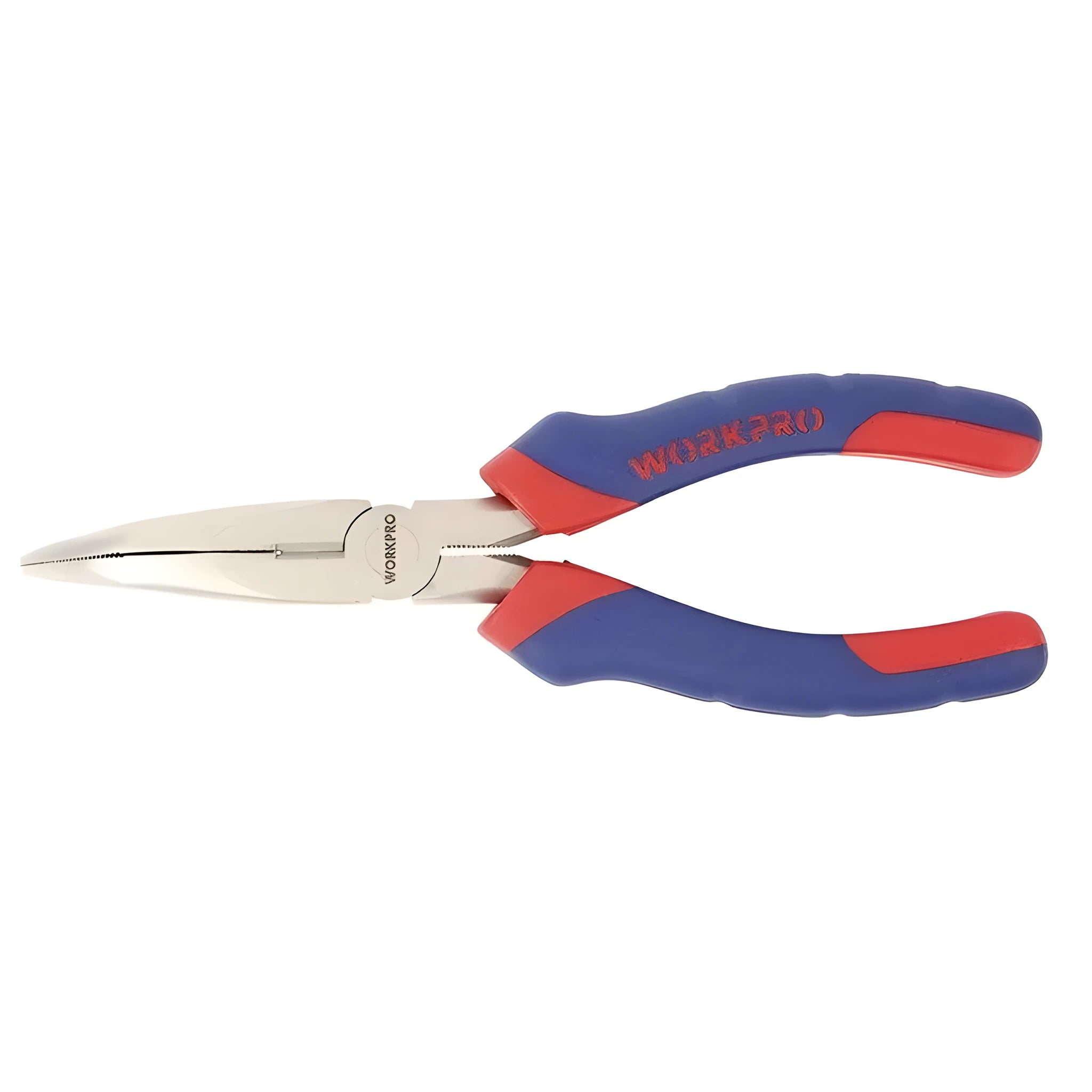 Blue-handled curved nose pliers with a double-colour sleeve grip and a tapered bent tip.